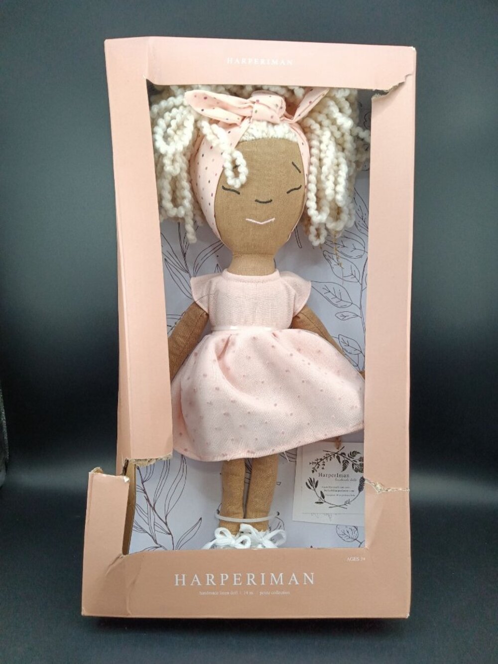 Handmade Harperiman Linen Doll 14-Inch Pink Dress Gift Age 3+
